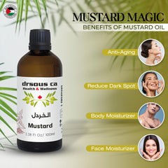 Drsous Ca Organic Mustard Oil 100ml | 100% Cold Pressed Therapeutic Grade Massage Oil for Skin care, Hair care, Cold and Cough Relief, Reducing Gum Swelling | Made in Palestine