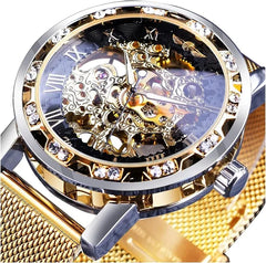 KASTWAVE Men's Vintage Mechanical Skeleton Watch with Diamond and Floral Carvings, Automatic Self-Wind, Classic Roman Numerals Design