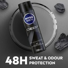 NIVEA MEN Antiperspirant Spray for Men, DEEP Black Carbon Antibacterial, Dark Wood Scent, 2x150ml