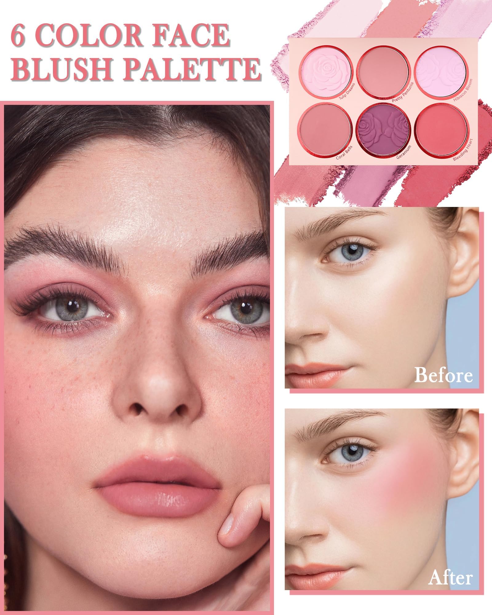 KASTWAVE Floral Flush 6-Color Blush Palette Long Lasting High Pigment Matte Pressed Powder Blush for Cheeks, Pink Purple Silky Mineral Blendable Blusher Contour Powder with Blush Brush