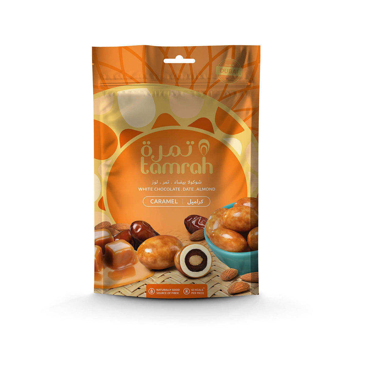 Tamrah Caramel Chocolate with Dates & Almonds Coated in Premium White Chocolate – Luxurious Treats for Gifting, Sharing, and Special Occasions – 100g Zipper Bag