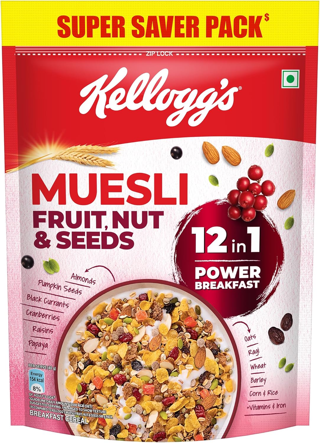 Kellogg's Muesli Fruit Nut & Seeds 750g | 12-in-1 Power Breakfast, Multigrain Breakfast Cereal