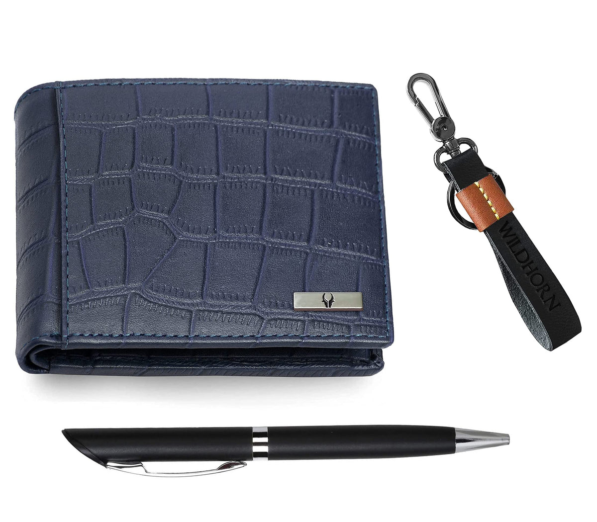 WildHorn® RFID Protected Genuine Leather Wallet & Gift Combo for Men - Blue Cr M