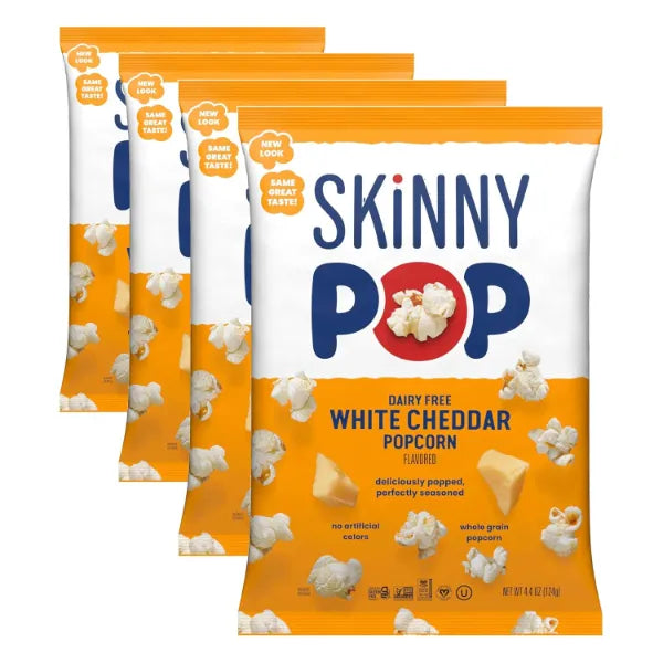 SkinnyPop White Cheddar Popcorn, 4.4oz Grocery Sized Bag, Skinny Pop, Healthy Popcorn Snacks, Gluten Free (Pack of 4)