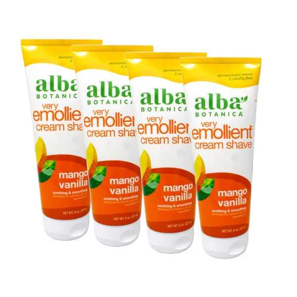 Alba Botanical Mango Vanilla Very Emollient Cream Shave, 8 Ounce Tubes (Pack of 4)