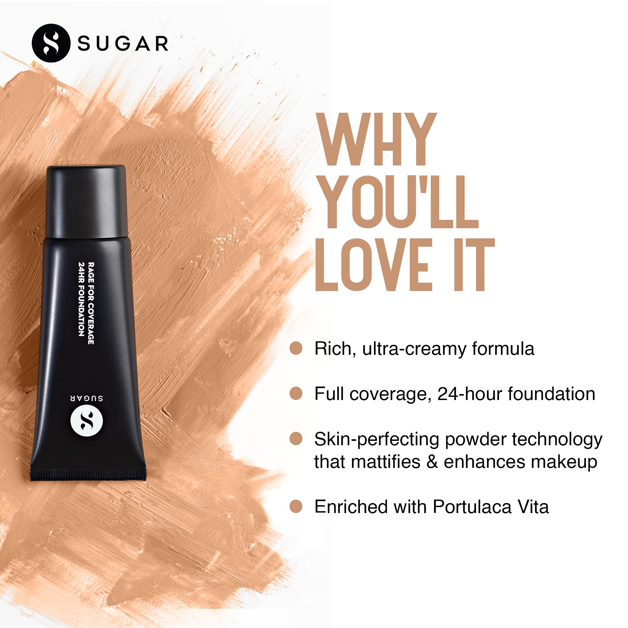 SUGAR Cosmetics Rage Luminous Matte Finish Full Coverage, Ultra Creamy 24Hr Long lasting Foundation Cream (55 Americano | Medium Deep, Warm Undertone - 25 ml)