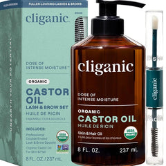 Cliganic Organic Castor Oil, 100% Pure (8, 16oz with Eyelash Kit) - For Eyelashes, Eyebrows, Hair & Skin | Bulk, Natural Cold Pressed Unrefined Hexane-Free | DIY Carrier Oil