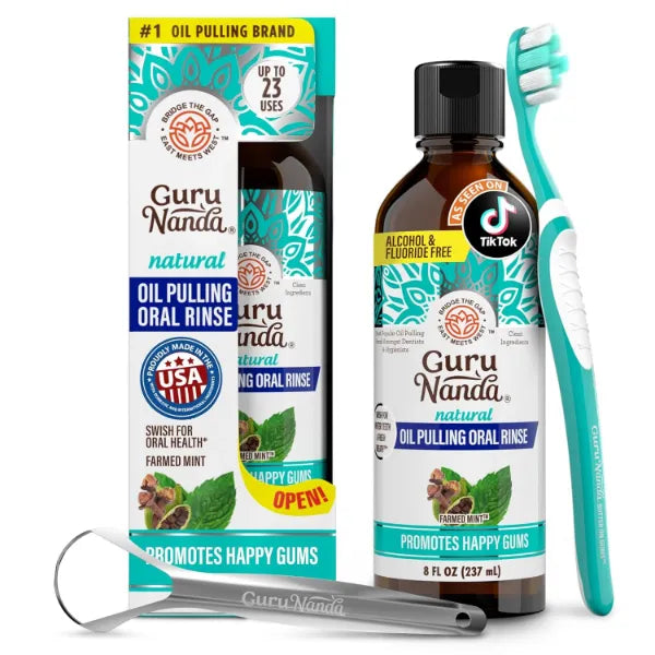 GuruNanda CocoMint Oil Pulling Mouthwash for Complete Oral Hygiene, 7 Essential Oils & Vitamins for Happy Teeth & Gums & Fresh Breath, Alcohol-Free