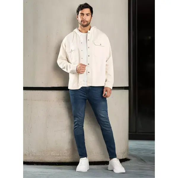 Plain Hooded Shacket with Pockets - Beige