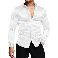 Mens Silk Shirts Long Sleeve-Luxury Shiny Silk Satin Party Dress Shirt Button Up Casual Muscle Fit for Men