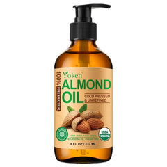 Yoken Organic Almond Oil, USDA 100% Pure Natural Cold Pressed Almond Oils in Glass Bottle, Moisturizing Carrier Oil for Face, Hair & Body - Ideal for Skin Care, Soothing Massage & DIY Beauty