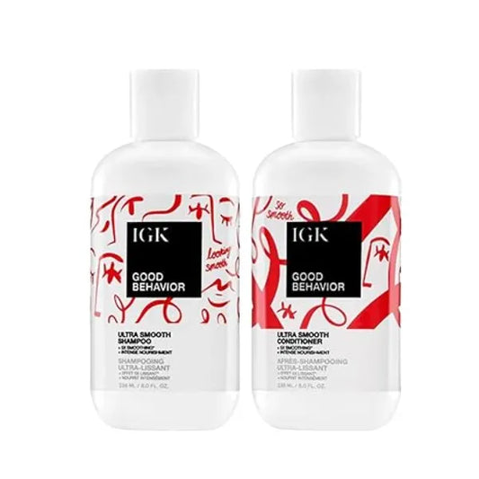 IGK GOOD BEHAVIOR Ultra Smooth Shampoo and Conditioner Set (8 Oz) + Bonus Travel Size Packettes Volume + Thickening Vegan