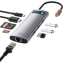 Baseus Laptop Docking Station Dual Monitor 4K 120Hz, USB-C Hub with 2 HDMI, 1000Mbps LAN, Max 85W PD, 3 USB, SD Card Reader