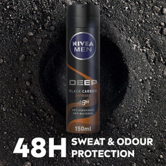 NIVEA MEN Antiperspirant Spray for Men, DEEP Black Carbon Antibacterial, Espresso Scent, 150ml