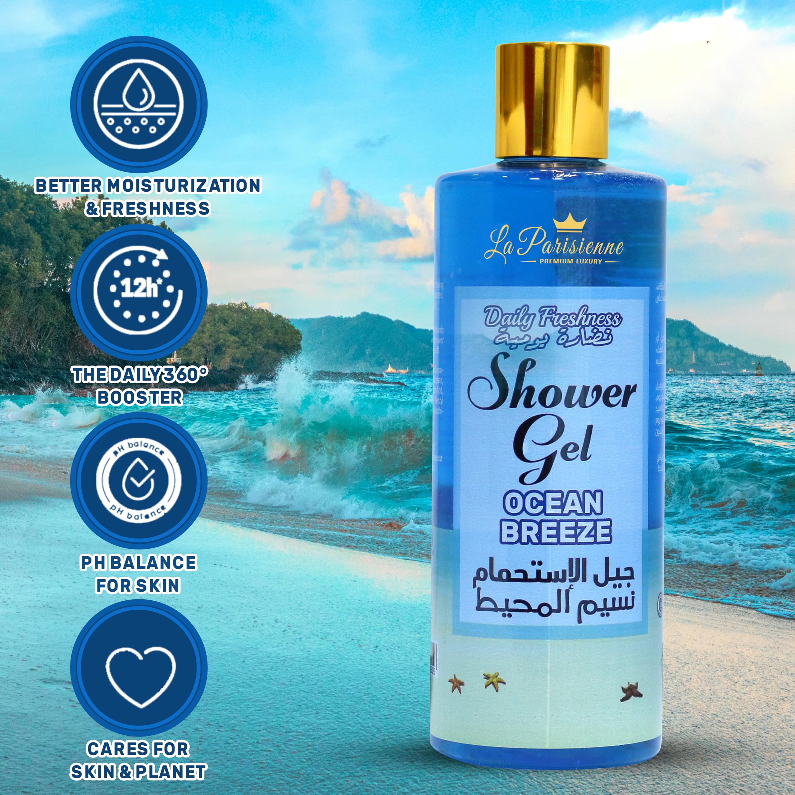 ECOLYTE+ Disinfectant La Parisienne Premium Luxury Shower Gel, For Women and Men with Vitamin E, Moisturizing, Soft & Silky Skin, Germ Protection, 12h Complete Odour Protection, (Ocean Breeze, 500 ml)