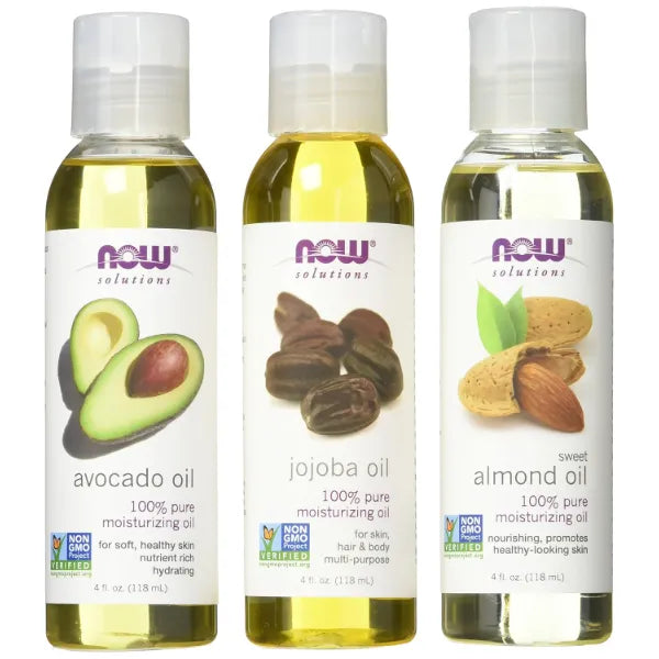 NOW Foods Variety Moisturizing Oils Sampler: Sweet Almond, Avocado, and Jojoba Oils - 4oz. Bottles each