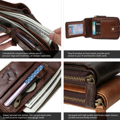 MING CLAN Zipper Wallet Men RFID Blocking Leather Bifold Wallets For Men - Flap ID Window Zip Coin Pocket Mens Zipper Wallets - Big Capacity - Brown