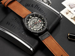 CURREN Men's Analog Watch Gun Metal Steel Case Silver Dial Brown Calendar Window Leather Strap - Brown