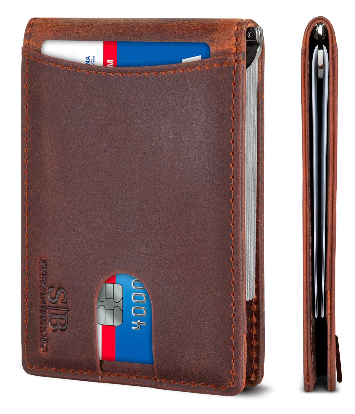SERMAN BRANDS RFID Blocking Slim Bifold Genuine Leather Minimalist Front Pocket Wallets for Men with Money Clip Thin Mens - Canyon Red 1.0