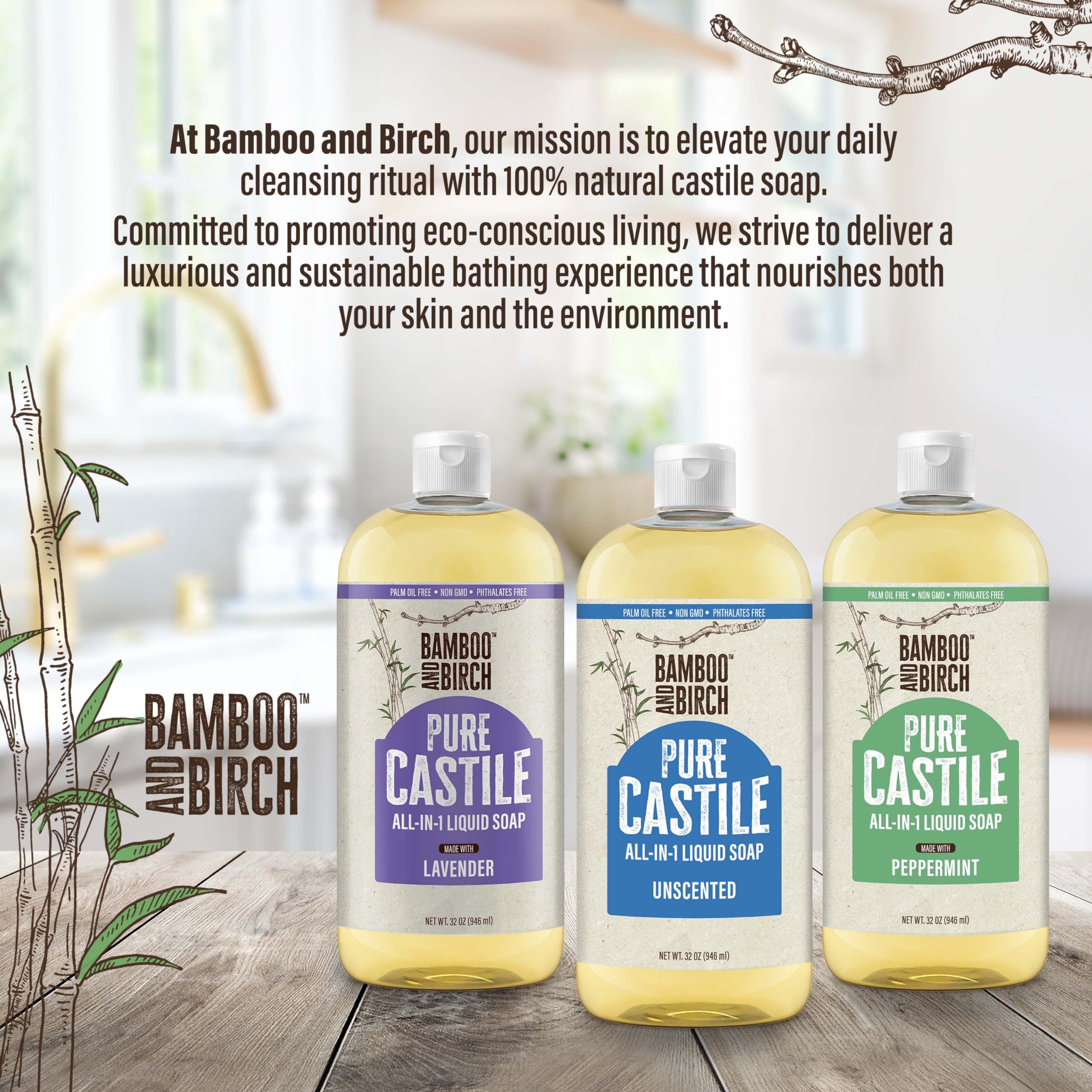 Pure Castile Soap Liquid Organic, Certified Palm Oil Free Natural Soap, Unscented, 32 oz