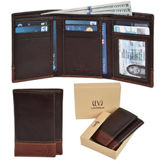 VALENCHI Men's Genuine Leather Rfid Blocking Slim Trifold Wallet With 7 Cards+1 Id Window+2 Note Compartments - BRN/TAN NAPPA