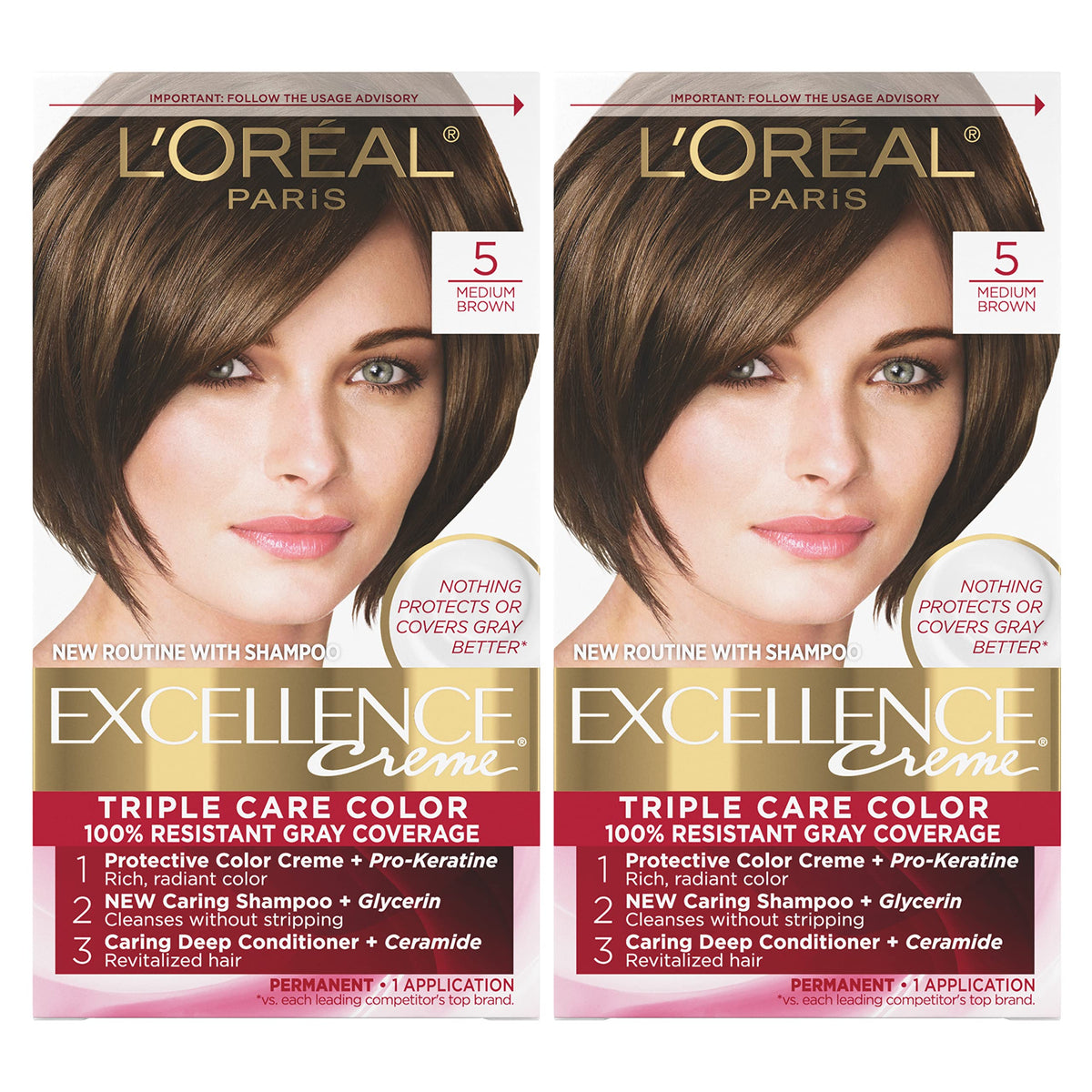 L’Oréal Paris L'Oreal Excellence Creme Permanent Hair Color, 5 Medium Brown, 100 percent Gray Coverage Hair Dye, Pack of 2