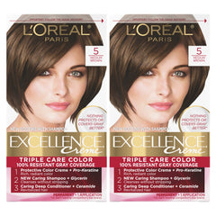 L’Oréal Paris L'Oreal Excellence Creme Permanent Hair Color, 5 Medium Brown, 100 percent Gray Coverage Hair Dye, Pack of 2