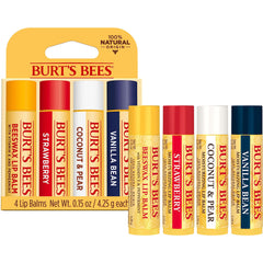 Burt's Bees 100% Natural Origin Moisturizing Lip Balm, Multipack, Original Beeswax, Strawberry, Coconut & Pear and Vanilla Bean with Beeswax & Fruit Extracts, 4 Tubes, Cranberry, Pack of 1