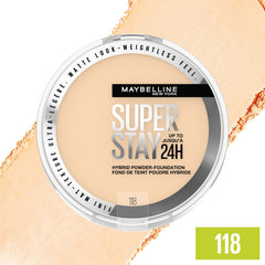 Maybelline New York Super Stay Up to 24HR Hybrid Powder-Foundation, Medium-to-Full Coverage Makeup, Matte Finish, 118, 1 Count, 1.5554 fl oz
