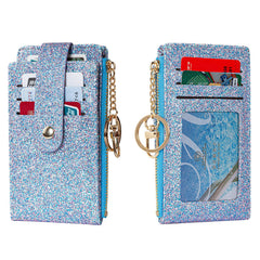 Small Card Wallet for Women Slim Rfid Front Pocket Card Cases Holder Zipper Coin Purse (Bling-Blue)