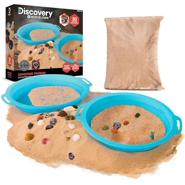 Discovery Gemstone Panning STEM Kit Pan for 30 Real Gems 2 Sifting Pans, Sand & Learning Guide Educational Science Activity for Kids Geology Rock Excavation Set Boys & Girls Toy Gift Ages 8+