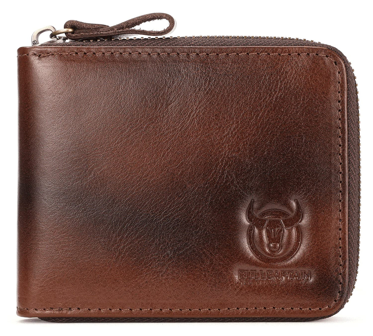 BULLCAPTAIN Mens Genuine Leather Zipper Wallet RFID Blocking Bifold Secure Zip Around Wallets Multi Credit Card Holder Purse (Handmade coffee)