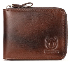 BULLCAPTAIN Mens Genuine Leather Zipper Wallet RFID Blocking Bifold Secure Zip Around Wallets Multi Credit Card Holder Purse (Handmade coffee)