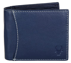 WildHorn Navy Leather Wallet for Men I Contrast Stitching I Handcrafted I 8 Card Slots I 1 Zipper & 2 Currency Compartments - Blue