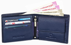 WildHorn Navy Leather Wallet for Men I Contrast Stitching I Handcrafted I 8 Card Slots I 1 Zipper & 2 Currency Compartments - Blue