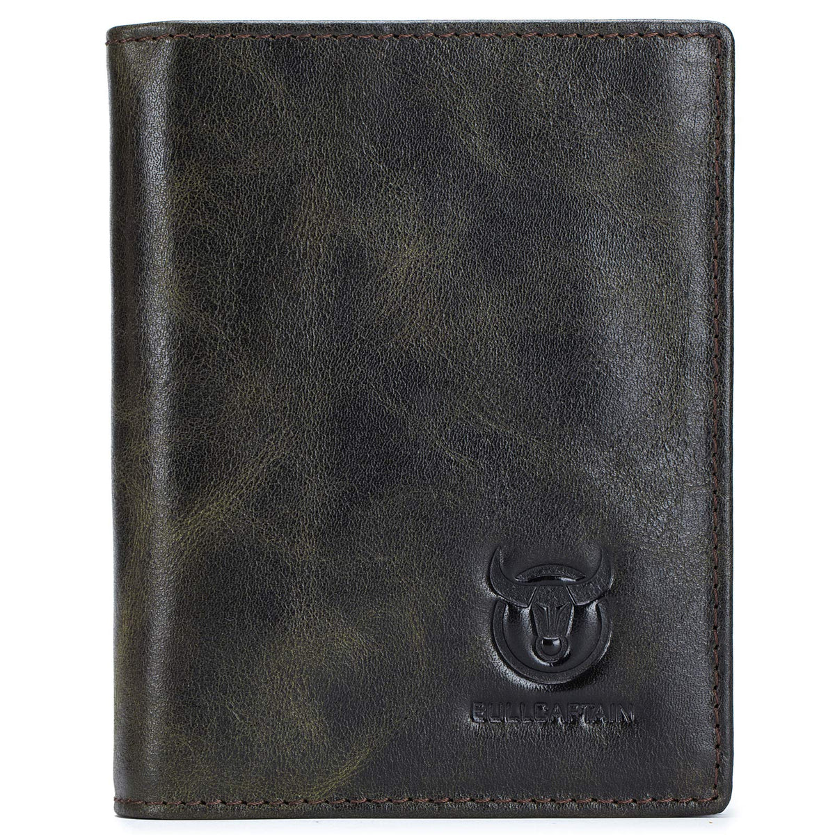 BULLCAPTAIN Large Capacity Genuine Leather Bifold Wallet/Credit Card Holder for Men with 15 Card Slots QB-027 (Olive Green)