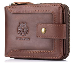 Shalatum Genuine Leather Zipper Wallet for Men RFID Blocking Large Capacity Vintage Wallet with Coin Pocket ID Window, Coffee