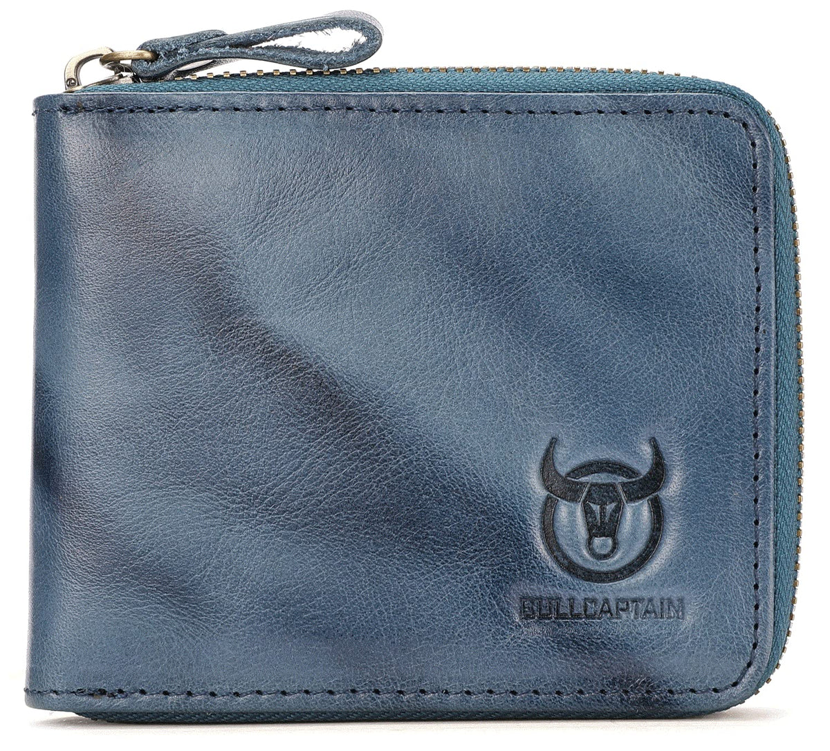 BULLCAPTAIN Mens Genuine Leather Zipper Wallet RFID Blocking Bifold Secure Zip Around Wallets Multi Credit Card Holder Purse, Blue, Small, Simplicity (QB-045)