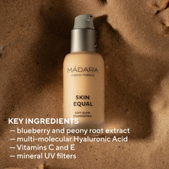 MÁDARA Organic Skincare | Skin Equal Soft Glow Foundation SPF15 CARAMEL 70-30ml, Mineral foundation with hyaluronic acid, Buildable medium coverage, Dewy foundation, Vegan, COSMOS natural certified