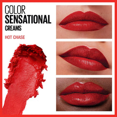 Maybelline Color Sensational Lipstick, Lip Makeup, Cream Finish, Hydrating Lipstick, Nude, Pink, Red, Plum Lip Color, Hot Chase, 0.15 oz; (Packaging May Vary)
