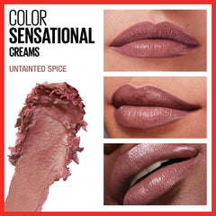 Maybelline Color Sensational Lipstick, Lip Makeup, Cream Finish, Hydrating Lipstick, Nude, Pink, Red, Plum Lip Color, Untainted Spice, 0.15 oz; (Packaging May Vary)