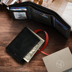 VALENCHI Men's Genuine Leather Rfid Blocking Slim Trifold Wallet With 7 Cards+1 Id Window+2 Note Compartments - Black Oily Hunter