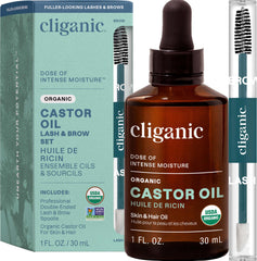 Cliganic Organic Castor Oil, 100% Pure (1oz with Eyelash Kit) - For Eyelashes, Eyebrows, Hair & Skin