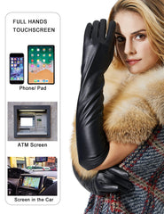 Khazna Elegant Winter Black Long Leather Gloves for Women Full Touchscreen Womens Ladies Warm Lined Genuine Leather Gloves - Black