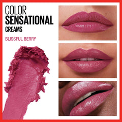 Maybelline Color Sensational Lipstick, Lip Makeup, Cream Finish, Hydrating Lipstick, Nude, Pink, Red, Plum Lip Color, Blissful Berry, 0.15 oz; (Packaging May Vary)