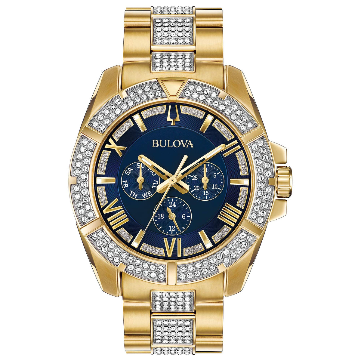 Bulova Men's Crystals Phantom Gold Tone Stainless Steel 6-Hand Multi-Function Quartz Watch Style: 98C128, Blue, Crystal Octava Multi-Function Gold-Tone Stainless Steel Bracelet Crystal - Multicolor