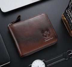 BULLCAPTAIN Mens Genuine Leather Zipper Wallet RFID Blocking Bifold Secure Zip Around Wallets Multi Credit Card Holder Purse (Handmade coffee)