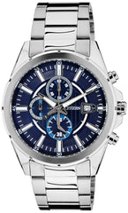 Citizen AN3560-51L Chronograph Quartz Mens Watch White Stainless Steel Blue Dial