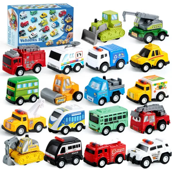JOYIN 18 Pcs Pull Back City Cars and Trucks Toy Vehicles Set, Friction Powered Cars Toys