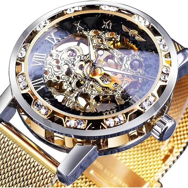 KASTWAVE Vintage Watch for Men, Retro Manual Mechanical Skeleton Watch, with Diamond and Carving Flower, Gorgeous Hollow Skeleton Self-Wind Carved Automatic Watches, Classic Roman Number